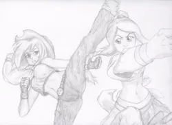 Size: 1024x746 | Tagged: applejack, artist:sapiking, avatar the last airbender, crossover, derpibooru import, fight, human, humanized, monochrome, safe, traditional art, ty lee