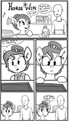 Size: 723x1259 | Tagged: safe, artist:tjpones, derpibooru import, oc, oc:brownie bun, oc:richard, unofficial characters only, horse wife, arrow, comic, monochrome