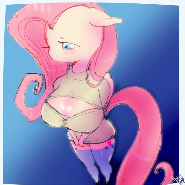 Size: 2048x2048 | Tagged: 30 minute art challenge, adorasexy, anthro, artist:aimihanibal, big breasts, blushing, breasts, busty fluttershy, clothes, colored, cute, derpibooru import, female, fluttershy, from above, keyhole turtleneck, looking down, open-chest sweater, perspective, sexy, shy, sketch, sluttershy, socks, stockings, suggestive, sweater, sweatershy, thigh highs, turtleneck, zettai ryouiki