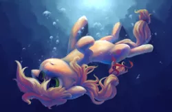 Size: 2300x1500 | Tagged: semi-grimdark, artist:verulence, derpibooru import, applejack, earth pony, pony, air bubble, bubble, clothes, drowning, female, imminent death, mare, sinking, solo, underwater, underwear