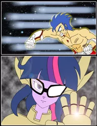 Size: 1150x1500 | Tagged: safe, artist:combatkaiser, derpibooru import, flash sentry, sci-twi, twilight sparkle, equestria girls, rainbow rocks, armor, blood, crossover, fight, glasses, humanized, owl partita, punch, saint seiya, saint seiya the lost canvas