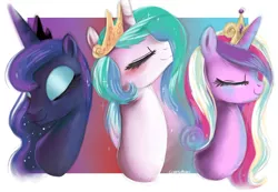 Size: 1280x887 | Tagged: artist:lugiaangel, blushing, derpibooru import, eyes closed, eyeshadow, portrait, princess cadance, princess celestia, princess luna, safe, smiling