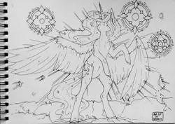 Size: 1280x905 | Tagged: safe, artist:dagmell, derpibooru import, princess luna, pony, bipedal, eyes closed, lineart, magic, monochrome, solo, stained glass, traditional art