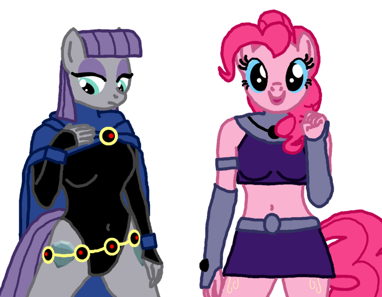 Size: 1446x1124 | Tagged: safe, artist:flyingbrickanimation, derpibooru import, maud pie, pinkie pie, anthro, earth pony, belly button, bra, cloak, clothes, cosplay, costume, crop top bra, crossover, cutie mark, leotard, midriff, old, raven (teen titans), skirt, starfire, teen titans, underwear