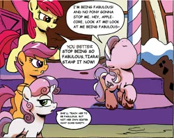 Size: 1231x982 | Tagged: apple bloom, chocolate, cutie mark crusaders, derpibooru import, diamond tiara, edit, fabulosity, fabulous, idw, modified quote, safe, scootaloo, spoiler:comic, spoiler:comicff16, stahp, sweetie belle