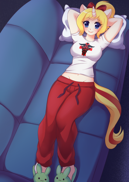Size: 500x706 | Tagged: ambiguous facial structure, anthro, anthro oc, artist:meltyvixen, belly button, bunny slippers, clothes, commission, couch, derpibooru import, midriff, oc, oc:fantasy incantation, on back, pants, relaxing, safe, slippers, solo, sweatpants, unofficial characters only