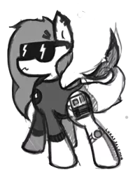 Size: 1000x1297 | Tagged: artist:moonpone, artist:woona, clothes, crossover, derpibooru import, monochrome, oc, oc:woona, original species, safe, shark, shark pony, solo, sunglasses, swimsuit, tail, unofficial characters only, wetsuit