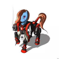 Size: 1600x1600 | Tagged: artist needed, safe, derpibooru import, oc, unofficial characters only, earth pony, pony, adepta sororitas, armor, bolter, female, hair over one eye, mare, power armor, raised hoof, smoking gun, solo, tail wrap, warhammer (game), warhammer 40k