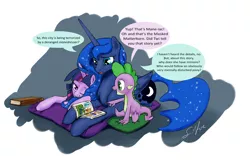 Size: 1280x828 | Tagged: safe, artist:silfoe, derpibooru import, princess luna, spike, twilight sparkle, twilight sparkle (alicorn), alicorn, pony, royal sketchbook, book, comic book, dialogue, female, lesbian, mare, reading, shipping, twiluna