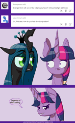 Size: 740x1206 | Tagged: suggestive, artist:deusexequus, derpibooru import, queen chrysalis, twilight sparkle, twilight sparkle (alicorn), alicorn, pony, ask the princess of friendship with benefits, animated, ask, comic, eyebrow wiggle, female, imminent oviposition, lesbian, mare, shipping, tumblr, twisalis