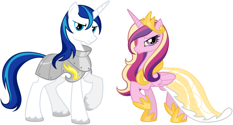 Size: 2700x1450 | Tagged: safe, artist:equestria-prevails, derpibooru import, princess cadance, shining armor, pony, season 2, armor, artifact, bedroom eyes, clothes, dress, duo, female, frown, glare, jewelry, looking at you, male, mare, raised hoof, regalia, simple background, smiling, stallion, transparent background, vector