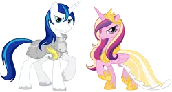 Size: 2700x1450 | Tagged: safe, artist:equestria-prevails, derpibooru import, princess cadance, shining armor, pony, season 2, armor, artifact, bedroom eyes, clothes, dress, duo, female, frown, glare, jewelry, looking at you, male, mare, raised hoof, regalia, simple background, smiling, stallion, transparent background, vector