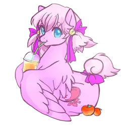 Size: 2450x2450 | Tagged: safe, artist:bigbuxart, derpibooru import, oc, oc:almond bloom, unofficial characters only, pegasus, pony, drink, solo, tail bow