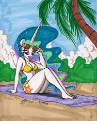Size: 1391x1743 | Tagged: anthro, artist:newyorkx3, beach, bikini, breasts, busty princess celestia, cleavage, clothes, derpibooru import, female, looking at you, open mouth, plantigrade anthro, princess celestia, solo, solo female, suggestive, sunglasses, swimsuit, towel, traditional art