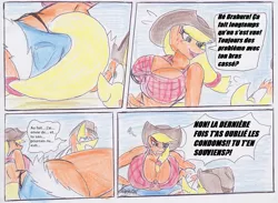 Size: 1271x932 | Tagged: anthro, applecest, applejack, artist:streled, ass, braeburn, braejack, breasts, busty applejack, cleavage, derpibooru import, female, french, incest, male, shipping, straight, suggestive, traditional art