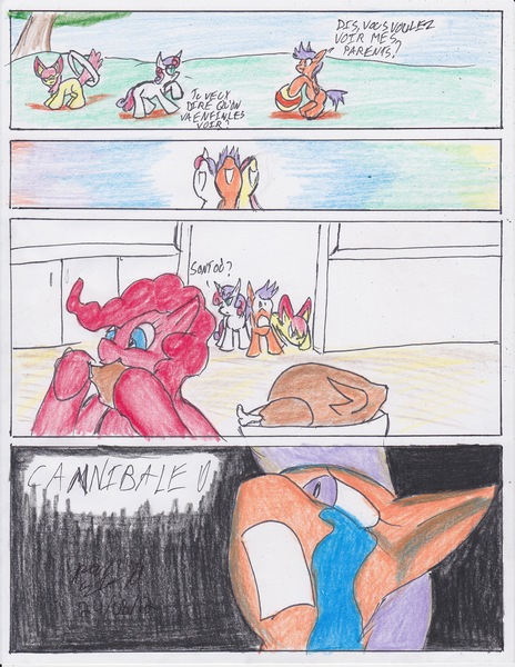 Size: 2550x3300 | Tagged: safe, artist:streled, derpibooru import, apple bloom, pinkie pie, scootaloo, sweetie belle, chicken, earth pony, pegasus, pony, unicorn, comic, crying, female, filly, french, meat, ponies eating meat, scootachicken, traditional art