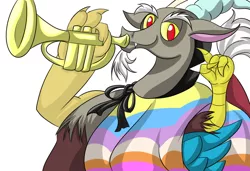 Size: 1024x700 | Tagged: artist:fourze-pony, clothes, derpibooru import, discord, disqord, musical instrument, poncho, safe, solo, trumpet, voice actor joke