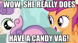 Size: 892x500 | Tagged: suggestive, derpibooru import, edit, edited screencap, screencap, scootaloo, sweetie belle, pegasus, pony, unicorn, candy vag, caption, female, filly, image macro, implied cunnilingus, implied foalcon, implied oral, implied sex, implied vaginal secretions, meme