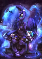 Size: 1060x1500 | Tagged: arm hooves, artist:atryl, bedroom eyes, breasts, clothes, delicious flat chest, derpibooru import, earring, female, flatuna, necklace, nipple outline, nipples, nudity, panties, piercing, plushie, portal 2, princess celestia, princess luna, see-through, semi-anthro, slippers, solo, space core, suggestive, underwear, unguligrade anthro