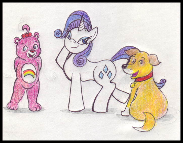 Size: 727x570 | Tagged: safe, artist:rdk, derpibooru import, rarity, bear, dog, pony, unicorn, care bears, martha speaks, tabitha st. germain, traditional art, voice actor, voice actor joke