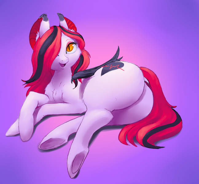 Size: 1398x1294 | Tagged: artist needed, suggestive, derpibooru import, oc, oc:arrhythmia, unofficial characters only, bat pony, pony, bedroom eyes, fluffy, hair over one eye, large butt, looking at you, open mouth, plot, side, simple background, smiling, solo, underhoof