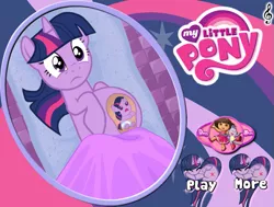 Size: 605x458 | Tagged: bootleg, boots, clone, derpibooru import, diaper, dora the explorer, fetus, flash game, game, my little pony logo, pregnant, safe, self ponidox, twilight sparkle, wat, why