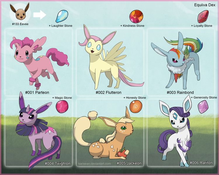 Size: 1024x819 | Tagged: applejack, artist:karisean, crossover, derpibooru import, eevee, eeveelutions, evolutionary stone, fakemon, fluttershy, mane six, pinkie pie, pokefied, pokémon, rainbow dash, rarity, safe, species swap, twilight sparkle