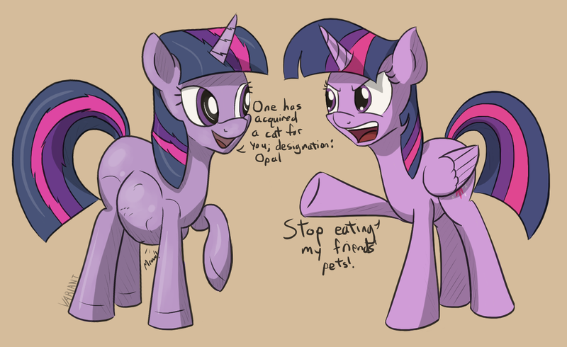 Size: 1339x820 | Tagged: questionable, artist:variant, derpibooru import, opalescence, twilight sparkle, twilight sparkle (alicorn), alicorn, pony, robot, robot pony, belly, dialogue, female, fetish, glare, mare, open mouth, pointing, raised hoof, smiling, stomach noise, twibot, twipred, vore