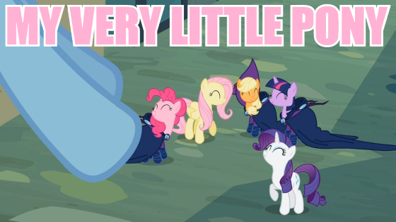 Size: 560x315 | Tagged: safe, derpibooru import, screencap, applejack, fluttershy, pinkie pie, rainbow dash, rarity, twilight sparkle, forced perspective, image macro, mane six, meme, pink text