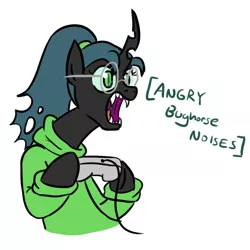 Size: 600x600 | Tagged: angry, angry horse noises, artist:jargon scott, changeling, changeling queen, clothes, controller, derpibooru import, descriptive noise, dork, dorkalis, fangs, female, gamer chrysalis, glasses, horse noises, meme, ponytail, queen chrysalis, safe, simple background, snes controller, solo, sweater, white background
