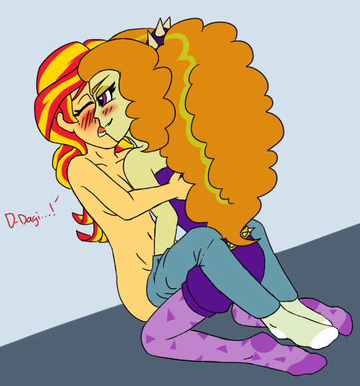 Size: 516x553 | Tagged: explicit, artist:catlover1672, derpibooru import, adagio dazzle, sunset shimmer, equestria girls, belly button, blushing, clothes, dialogue, feet, female, fingering, lesbian, nudity, socks, sunsagio, undressing