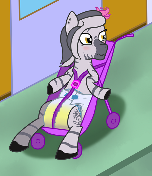 Size: 1106x1280 | Tagged: adult foal, anatomically incorrect, artist:stargrazer, broken arm, derpibooru import, diaper, diaper fetish, incorrect leg anatomy, messy diaper, oc, oc:akinyi, poofy diaper, poop, questionable, scat, solo, stripes, stroller, unofficial characters only, urine, wet diaper, zebra