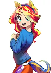 Size: 700x1000 | Tagged: safe, artist:quizia, derpibooru import, sunset shimmer, human, equestria girls, blushing, clothes, cute, eye clipping through hair, female, hair over one eye, hnnng, humanized, looking at you, open mouth, pony ears, quizia is trying to murder us, shimmerbetes, simple background, skirt, solo, sweater, white background, wondercolts