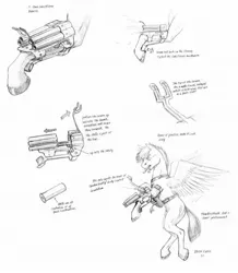 Size: 1024x1176 | Tagged: safe, artist:baron engel, derpibooru import, oc, oc:thunderstruck, unofficial characters only, pegasus, pony, grayscale, gun, male, monochrome, pencil drawing, sketch, solo, stallion, technical drawing, traditional art