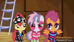 Size: 320x180 | Tagged: alternate hairstyle, animated, apple bloom, caption, clothes, confused, costume, cutie mark crusaders, derpibooru import, edit, edited screencap, filly, gif with captions, looking at you, loop, no, rocker, safe, scootaloo, screencap, show stopper outfits, sweetie belle, sweetie belle is not amused, talent show, the show stoppers, trio, unamused, wat