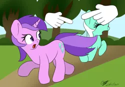 Size: 2048x1428 | Tagged: amethyst star, artist:icy wings, chase, cursor, derpibooru import, eyes closed, hand, looking back, lyra heartstrings, open mouth, pony clicker, running, safe, scared