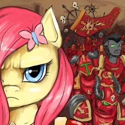 Size: 1280x1280 | Tagged: artist:mod-of-chaos, ask-thewarpony, badass, bolter, chaos, chaos space marine, crossover, derpibooru import, flag, flutterbadass, fluttershy, khorne, khorne berzerker, power armor, safe, warhammer 40k, warhammer (game)