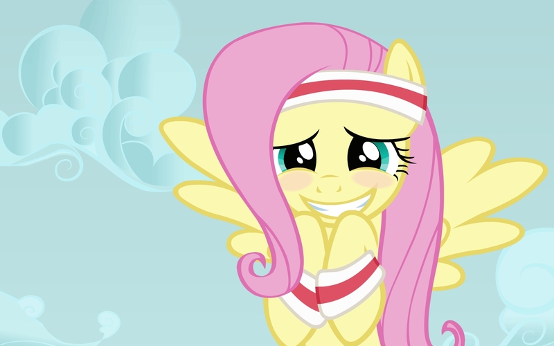 Size: 1680x1050 | Tagged: safe, artist:doctor-g, derpibooru import, edit, edited screencap, screencap, fluttershy, pegasus, pony, hurricane fluttershy, armband, blushing, cloud, cute, faic, female, flying, grin, headband, lidded eyes, looking at you, mare, shyabetes, sky, smiling, spread wings, squee, sweatband, wallpaper, wallpaper edit, wings