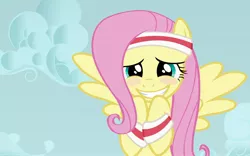 Size: 1680x1050 | Tagged: safe, artist:doctor-g, derpibooru import, edit, edited screencap, screencap, fluttershy, pegasus, pony, hurricane fluttershy, armband, blushing, cloud, cute, faic, female, flying, grin, headband, lidded eyes, looking at you, mare, shyabetes, sky, smiling, spread wings, squee, sweatband, wallpaper, wallpaper edit, wings