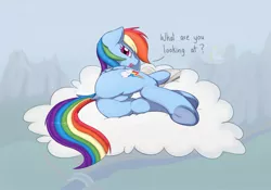 Size: 1416x993 | Tagged: suggestive, artist:mcsadat, artist:transgressors-reworks, color edit, derpibooru import, rainbow dash, pegasus, pony, book, cloud, dialogue, dock, featureless crotch, female, frog (hoof), looking at you, looking back, mare, open mouth, plot, reading, side, solo, underhoof