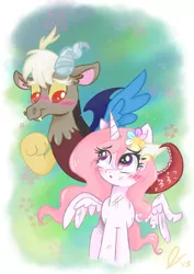 Size: 1024x1448 | Tagged: safe, artist:dreamscapevalley, derpibooru import, discord, princess celestia, pony, :o, blushing, broken wing, bruised, cewestia, crying, dislestia, fangs, female, filly, flower, flower in hair, injured, looking at each other, male, shipping, smiling, spread wings, straight, younger