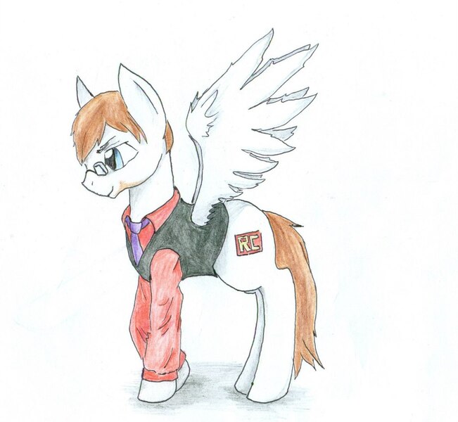 Size: 1111x1024 | Tagged: safe, derpibooru import, oc, ponified, unofficial characters only, pegasus, pony, beard, clothes, glasses, jacket, necktie, red cynic, smiling, solo, traditional art