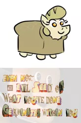 Size: 370x562 | Tagged: artist:jargon scott, bread, bread head, bread pony, derpibooru import, edit, expand dong, exploitable meme, food pony, legend, meme, oc, oc:bread pony, original species, pure unfiltered evil, safe, smiling, solo, the almighty loaf, unofficial characters only, wat