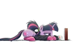 Size: 3000x1688 | Tagged: safe, artist:ncmares, derpibooru import, twilight sparkle, twilight sparkle (alicorn), alicorn, pony, ask majesty incarnate, book, calculus, clothes, coffee, fancy mathematics, female, integral, mare, math, messy mane, mug, prone, socks, solo, striped socks, studying, sweater