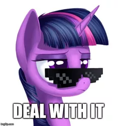 Size: 460x490 | Tagged: 8-bit, artist:1nakir1, deal with it, derpibooru import, frown, glasses, image macro, meme, safe, solo, sunglasses, swag, twilight sparkle, unamused