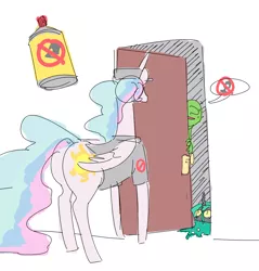 Size: 1966x2057 | Tagged: safe, artist:nobody, derpibooru import, princess celestia, queen chrysalis, oc, oc:anon, alicorn, changeling, changeling queen, human, pony, bug spray, clothes, door, exterminator, female, hat, male, mare, shirt