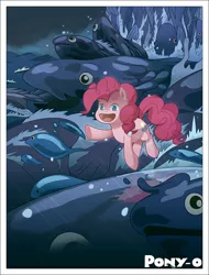 Size: 1000x1313 | Tagged: safe, artist:zombie, derpibooru import, pinkie pie, fish, pony, crossover, cute, diapinkes, ocean, open mouth, ponyo, studio ghibli, water