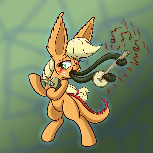 Size: 900x900 | Tagged: safe, artist:heir-of-rick, derpibooru import, applejack, monster pony, original species, pony, tatzlpony, daily apple pony, banjo, bipedal, dual wield, ear fluff, impossibly large ears, music notes, musical instrument, solo, tatzljack, tentacle tongue, wink