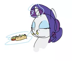 Size: 648x555 | Tagged: artist:nobody, derpibooru import, eating, eyes closed, hot dog, magic, messy eating, mustard, portrait, rarity, safe, sketch, solo, telekinesis, uncouth