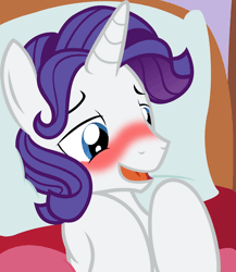 Size: 730x840 | Tagged: suggestive, artist:badumsquish, derpibooru import, edit, rarity, animated, bed, bedroom eyes, blushing, elusive, elusweet, explicit source, eye shimmer, looking at you, male, on back, open mouth, rule 63, smiling, solo, solo male